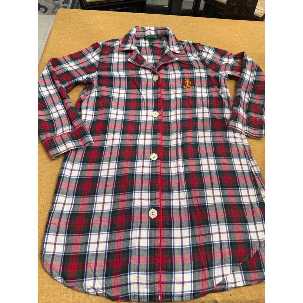 Lauren Ralph Lauren Plaid Flannel Sleep Shirt Nightgown Red Green White 813458 M